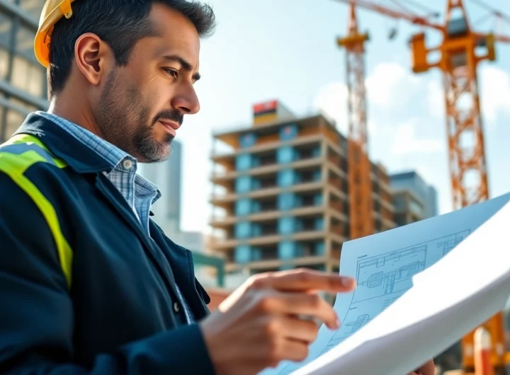 New York City Construction Manager reviewing plans at a construction site in bright sunlight.
