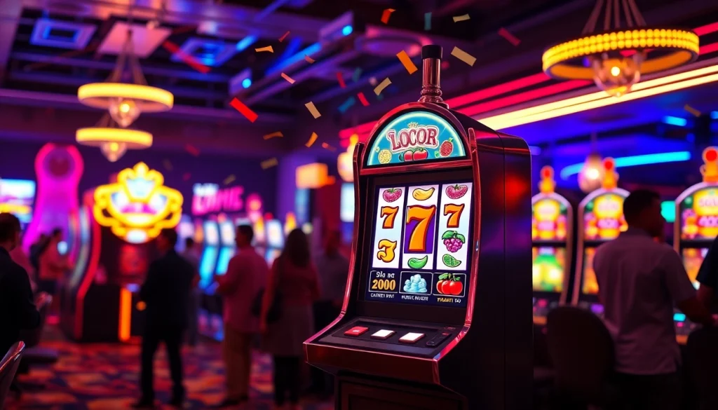 Putar slot gacor di mesin permainan yang dikelilingi lampu neon berwarna-warni.
