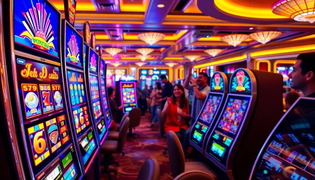 Menampilkan bandar bola slot yang seru dengan pemain bersemangat dan mesin slot berwarna-warni.