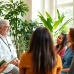 Engaging health expert discussing wellness with diverse patients in a bright room.
