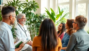 Engaging health expert discussing wellness with diverse patients in a bright room.