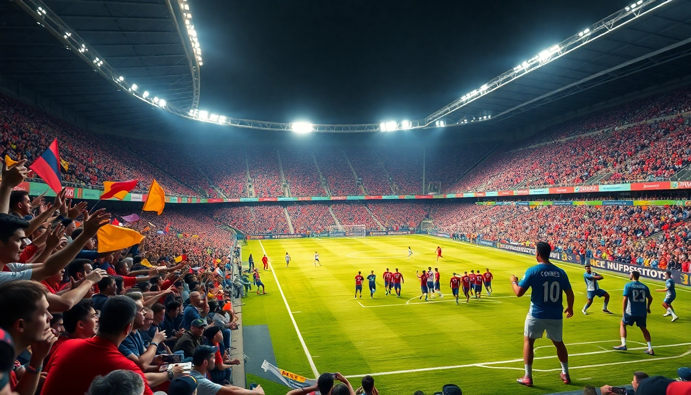 스포츠중계 관련 활기찬 축구 경기 장면과 열광적인 팬들
