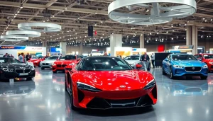 Experience a vibrant Auto Cars Show with diverse car models under bright lights, showcasing excitement.