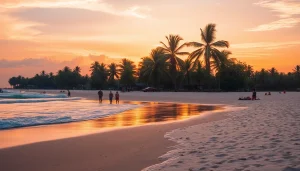 Belíssimo pôr do sol na praia de Paripueira, Alagoas, com águas tranquilas e palmeiras.