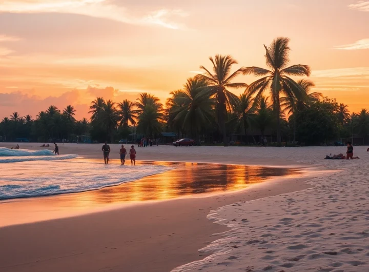 Belíssimo pôr do sol na praia de Paripueira, Alagoas, com águas tranquilas e palmeiras.