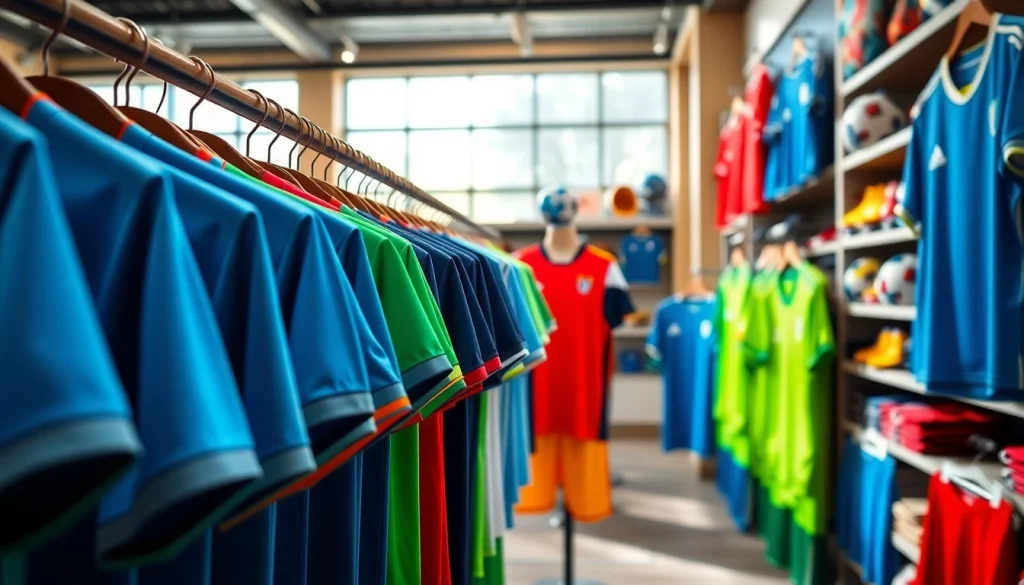 Explore vibrant cheap football kits displayed attractively in a sports shop environment.
