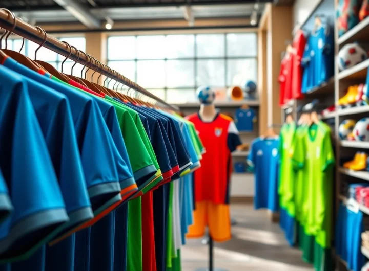 Explore vibrant cheap football kits displayed attractively in a sports shop environment.