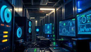 Crypto mining setup showcasing powerful ASIC miners and digital displays in a professional, high-tech atmosphere.