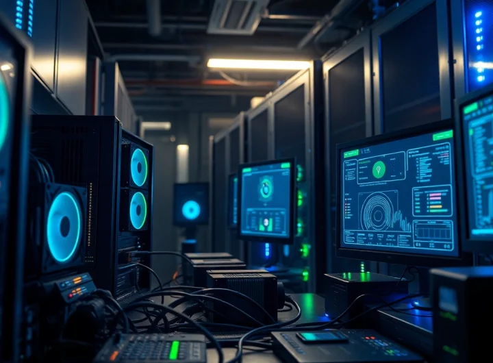 Crypto mining setup showcasing powerful ASIC miners and digital displays in a professional, high-tech atmosphere.