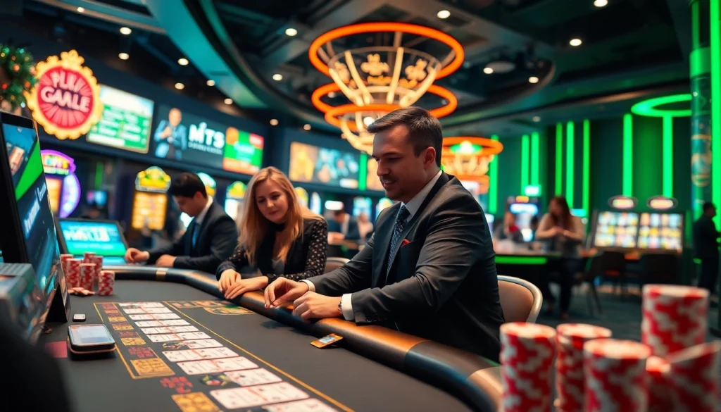 Menggambarkan pengalaman bandar togel resmi dengan suasana kasino yang modern dan penuh energi.