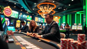 Menggambarkan pengalaman bandar togel resmi dengan suasana kasino yang modern dan penuh energi.