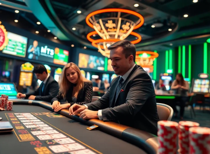 Menggambarkan pengalaman bandar togel resmi dengan suasana kasino yang modern dan penuh energi.