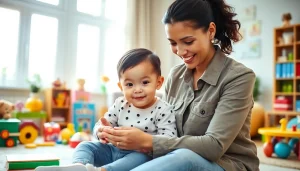 Engaged nanny Dubai warmly interacting with a child in a vibrant living room.
