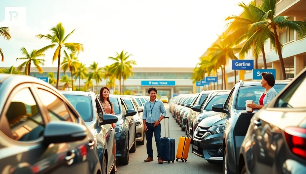 Kuching rent car service at the airport with diverse vehicles, happy travelers, and tropical scenery.