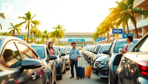 Kuching rent car service at the airport with diverse vehicles, happy travelers, and tropical scenery.