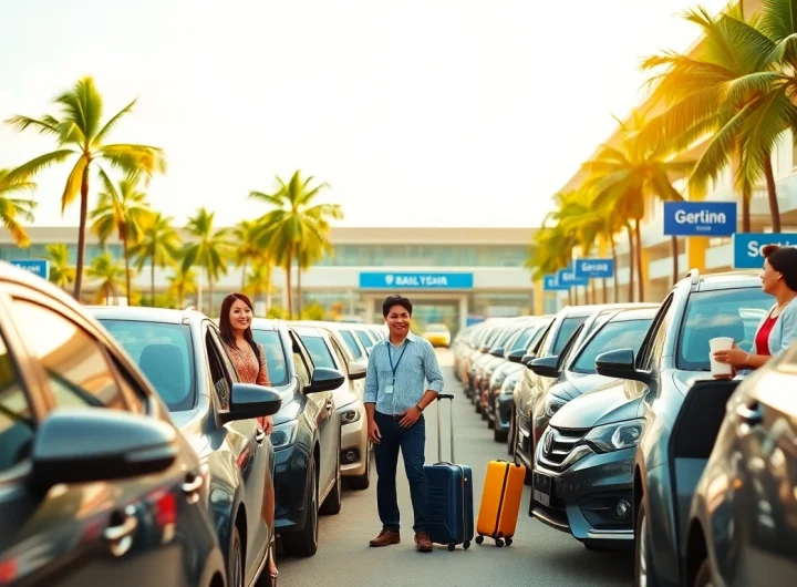 Kuching rent car service at the airport with diverse vehicles, happy travelers, and tropical scenery.