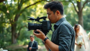 Videographer capturing a wedding scene with passion and creativity amidst a beautiful outdoor setting.