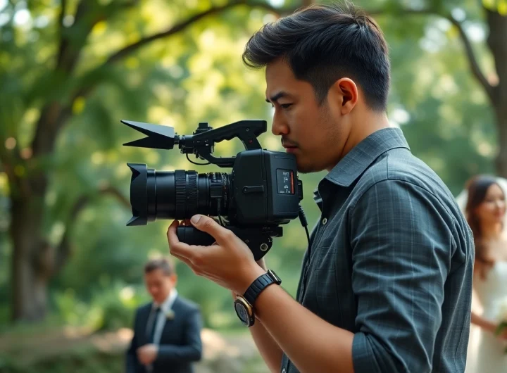 Videographer capturing a wedding scene with passion and creativity amidst a beautiful outdoor setting.