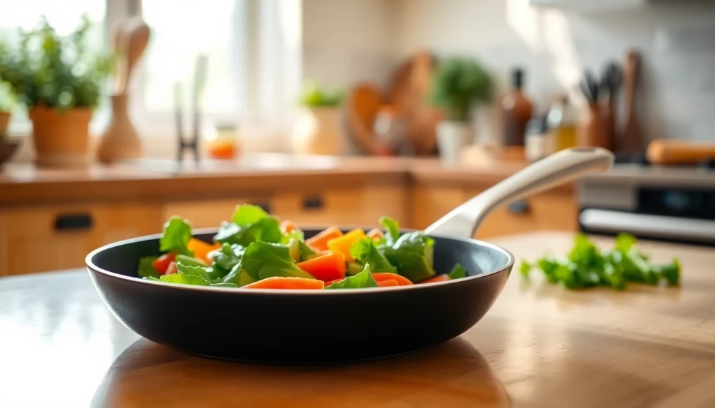 Cooking with a nonstick fry pan NZ showcasing vibrant vegetables in a bright kitchen.