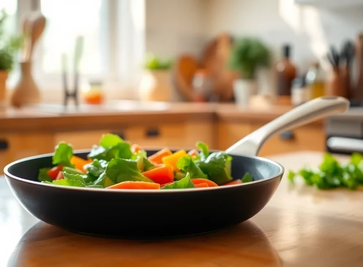 Cooking with a nonstick fry pan NZ showcasing vibrant vegetables in a bright kitchen.