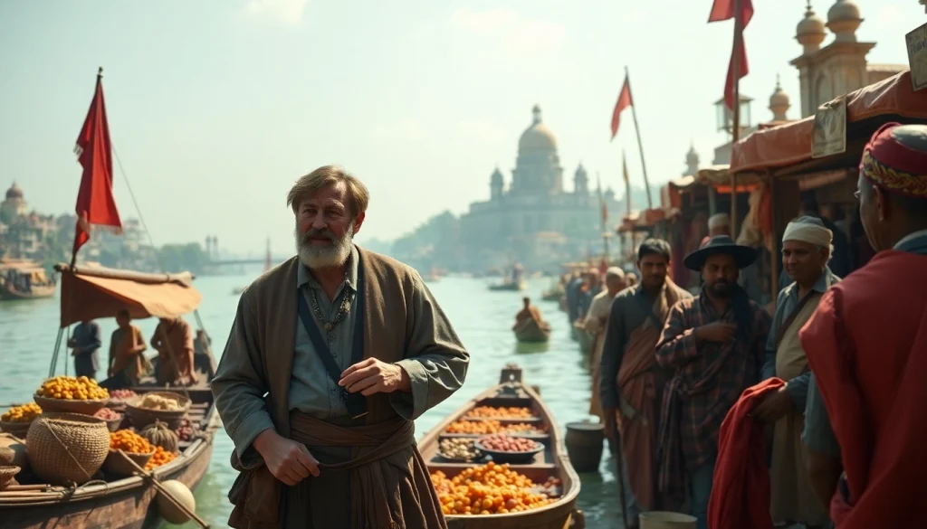 Artwork illustrating Job Charnock as the founder Kolkata, surrounded by traders and vibrant market life.