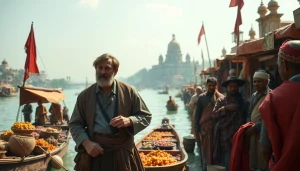 Artwork illustrating Job Charnock as the founder Kolkata, surrounded by traders and vibrant market life.