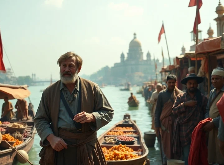 Artwork illustrating Job Charnock as the founder Kolkata, surrounded by traders and vibrant market life.