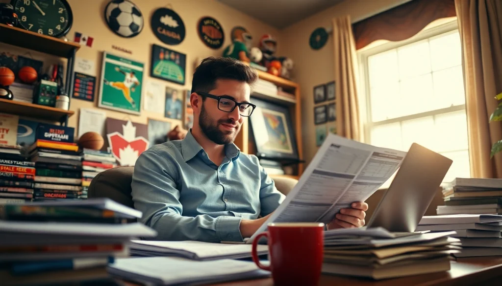 Engaged bettor exploring sports betting Canada strategies amidst a cozy, well-lit room.