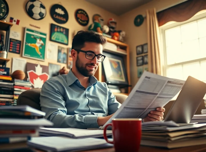 Engaged bettor exploring sports betting Canada strategies amidst a cozy, well-lit room.