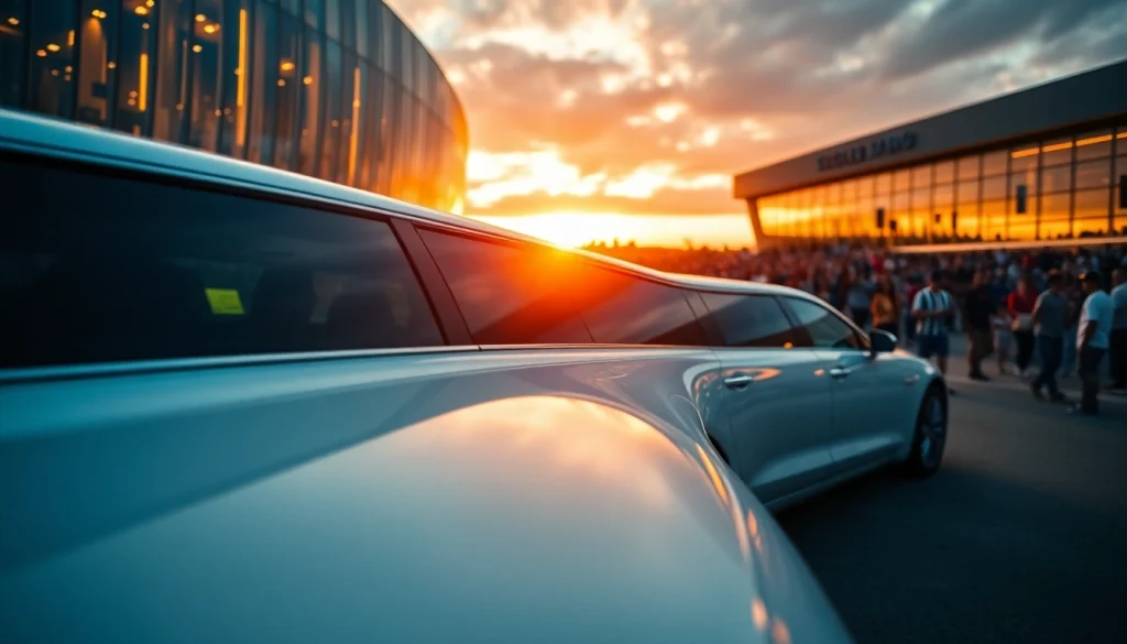 World Cup Group Transportation in a luxury limousine outside a stadium during sunset, capturing excitement and sophistication.