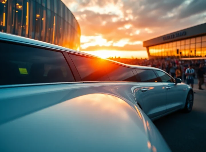 World Cup Group Transportation in a luxury limousine outside a stadium during sunset, capturing excitement and sophistication.