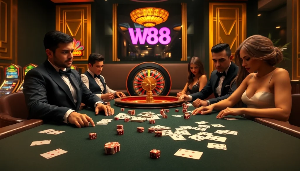 A stunning scene of players engaged in a game at W88, showcasing luxury casino details like cards, chips, and dice.