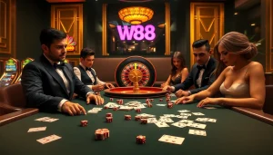 A stunning scene of players engaged in a game at W88, showcasing luxury casino details like cards, chips, and dice.