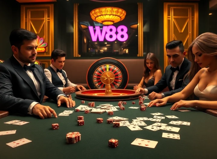 A stunning scene of players engaged in a game at W88, showcasing luxury casino details like cards, chips, and dice.
