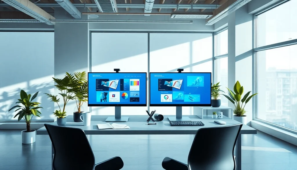 Professional workspace for thiết kế web showcasing design software and creative materials.