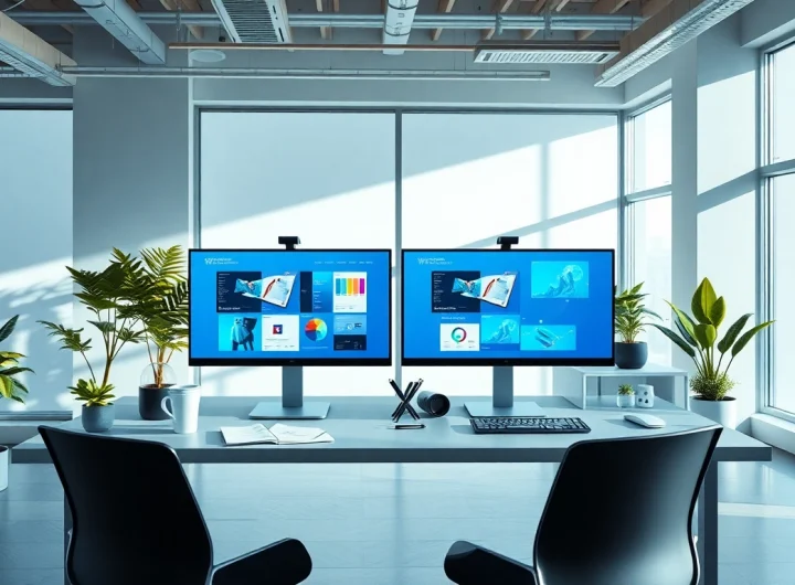 Professional workspace for thiết kế web showcasing design software and creative materials.