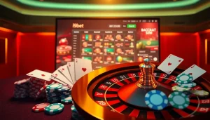 Action-packed scene of i9bet online casino with roulette, cards, and vibrant colors.