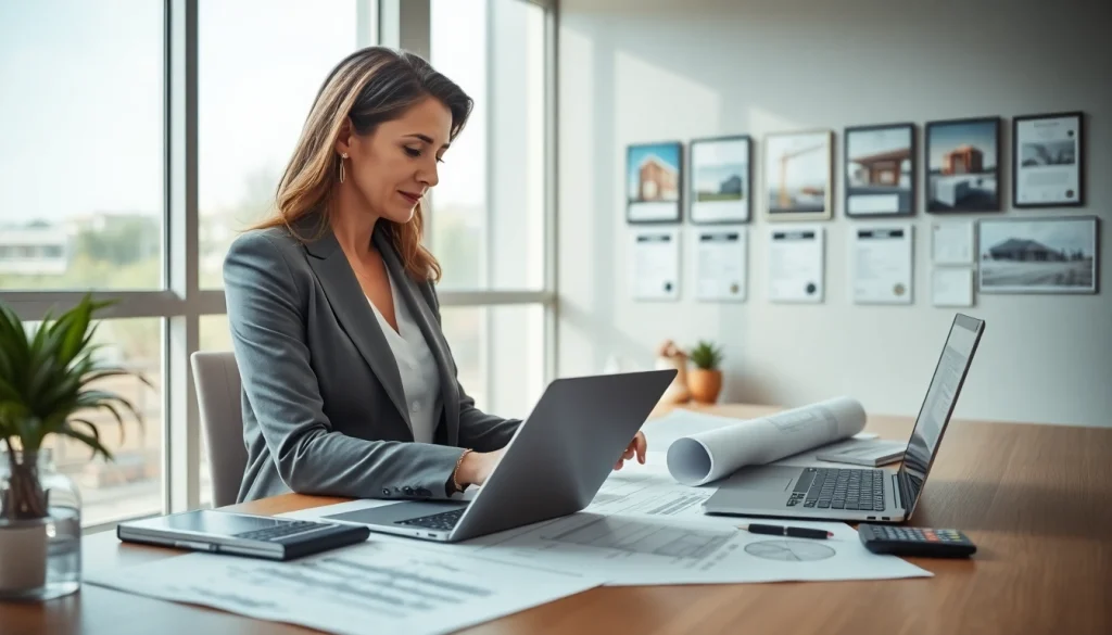 Księgowość dla firmy budowlanej w profesjonalnym biurze z dokumentami finansowymi i planami budowlanymi.