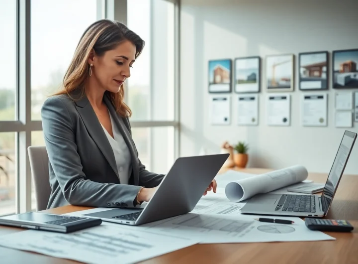Księgowość dla firmy budowlanej w profesjonalnym biurze z dokumentami finansowymi i planami budowlanymi.