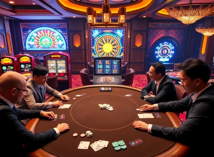 The excitement of gaming at พอร์ทเกม F168, showcasing a vibrant casino scene with players at a poker table and slot machines.