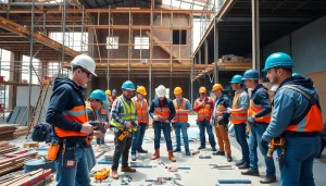 Apprentices collaborating on-site using DAS 142 for workforce dispatch in construction.