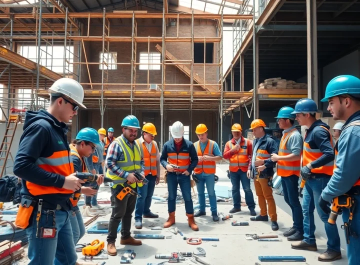 Apprentices collaborating on-site using DAS 142 for workforce dispatch in construction.