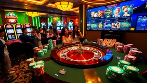 Thrilling casino atmosphere at Thabet showcasing roulette and slot machines with vibrant gameplay.