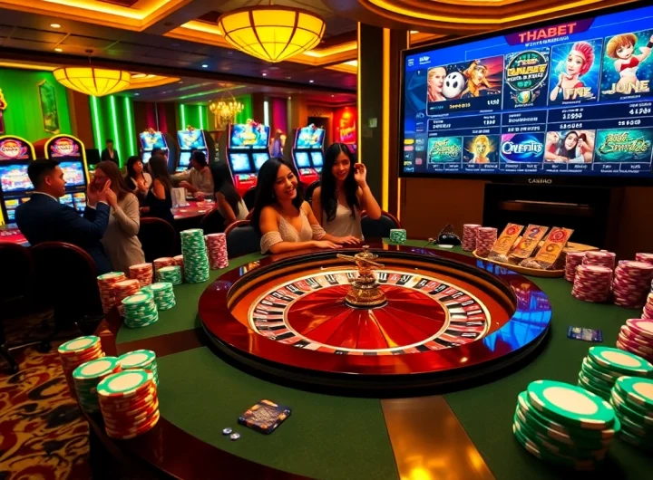 Thrilling casino atmosphere at Thabet showcasing roulette and slot machines with vibrant gameplay.