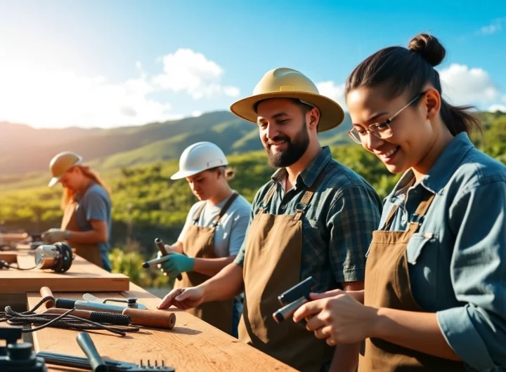 Engaged students learning trades at hawaii trade schools in a vibrant Hawaiian setting.