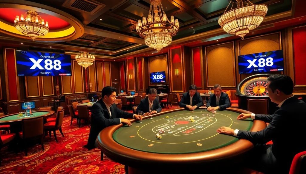 High-stakes poker action at XX88 casino with elegant players and vibrant atmosphere.