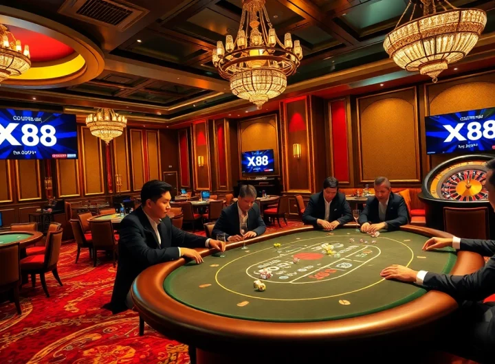 High-stakes poker action at XX88 casino with elegant players and vibrant atmosphere.