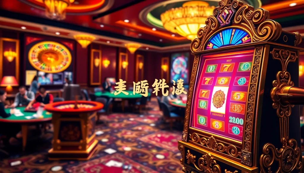 Engaging scene of a luxurious casino with a slot machine, showcasing the vibrant 슬롯커뮤니티 and gambling excitement.