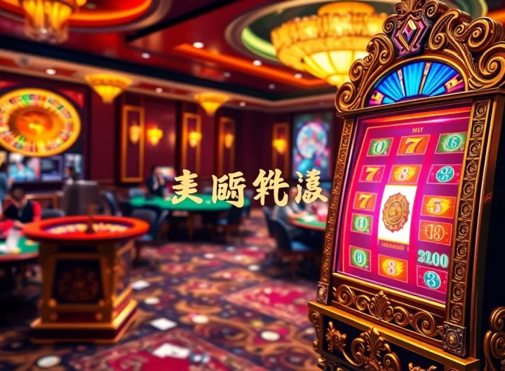Engaging scene of a luxurious casino with a slot machine, showcasing the vibrant 슬롯커뮤니티 and gambling excitement.