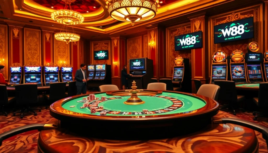 Players experiencing thrilling games at a glamorous W88 casino, featuring poker tables and vivid slot machines.